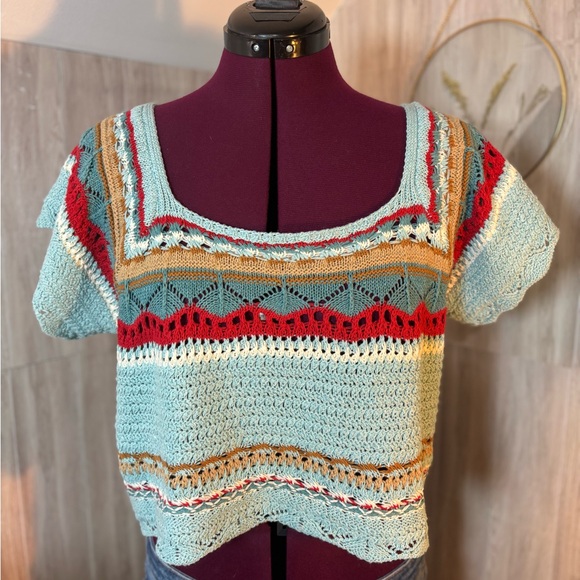 POL Tops - POL Light Blue Green Crochet Stripe Crop Top with Red & Tan Accents